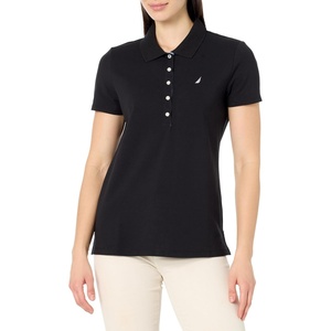 Nautica Women’s 5-Button Short Sleeve Breathable 100% Cotton Polo Shirt(Black)