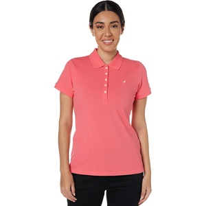 Nautica Women’s 5-Button Short Sleeve Breathable 100% Cotton Polo Shirt(Melon Pink)