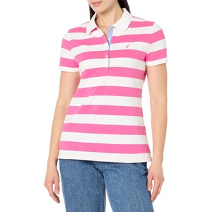 Nautica Women’s 5-Button Short Sleeve Breathable 100% Cotton Polo Shirt(Sangria Sunset/Bright White)