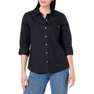 Nautica Women’s Button Front Long Sleeve Roll Tab Shirt(Black)