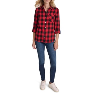 Nautica Women’s Button Front Long Sleeve Roll Tab Shirt(Black/Haute Red)