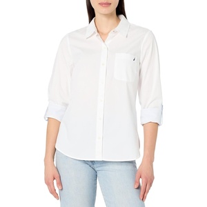 Nautica Women’s Button Front Long Sleeve Roll Tab Shirt(Bright White)