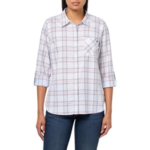 Nautica Women’s Button Front Long Sleeve Roll Tab Shirt(Bright White Multi)