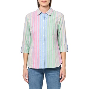 Nautica Women’s Button Front Long Sleeve Roll Tab Shirt(Green Multi)
