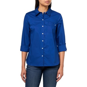 Nautica Women’s Button Front Long Sleeve Roll Tab Shirt(Marina Blue)