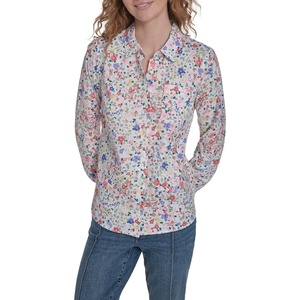 Nautica Women’s Button Front Long Sleeve Roll Tab Shirt(New Bright White Multi)