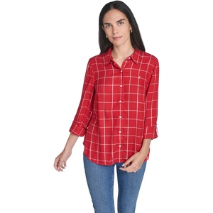 Nautica Women’s Button Front Long Sleeve Roll Tab Shirt(New Haute Red Multi)