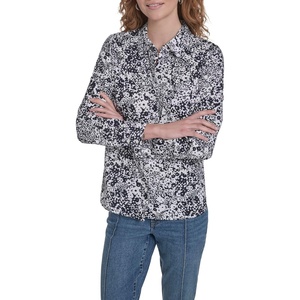Nautica Women’s Button Front Long Sleeve Roll Tab Shirt(Night Sky/ Bright White)