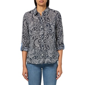 Nautica Women’s Button Front Long Sleeve Roll Tab Shirt(Night Sky/ White Cap)