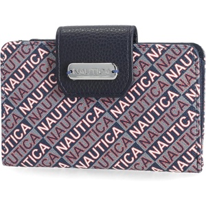 Nautica Womens, Close Reach Vegan Leather RFID Wallet, Small Credit Card Holder Purse with Zipper Coin Pocket and ID Window in Black(Indigo Jacquard)