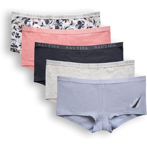Nautica Women’s Cotton Boyshort Underwear Set, 5-Pack(Coastal Peri/Lt Bleach Heather/Stingray/Summer Rose/New Ink Floral)
