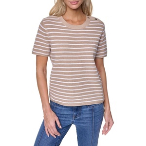 Nautica Women’s Crew Neck Solid Short Sleeve Sweater(Sand/Bright White)