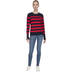 Nautica Women’s Crewneck Stripe Long Sleeve Crewneck Sweater(Night Sky/ Regatta Red)