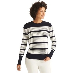 Nautica Women’s Crewneck Stripe Long Sleeve Crewneck Sweater(Night Sky/Ivory)