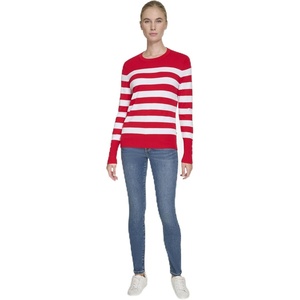 Nautica Women’s Crewneck Stripe Long Sleeve Crewneck Sweater(Regatta Red/ Night Sky)