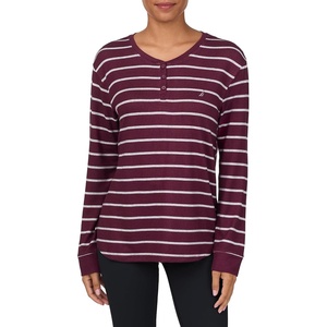 Nautica Womens Henley Pajama Top – Ultra-Soft & Lightweight Long Sleeve Lounge Shirt – Sweater Knit Sleepwear & Loungewear(Burgundy Stripe)