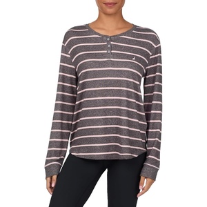 Nautica Womens Henley Pajama Top – Ultra-Soft & Lightweight Long Sleeve Lounge Shirt – Sweater Knit Sleepwear & Loungewear(Grey Stripe)