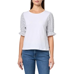 Nautica Women’s Knit Short Sleeve Puff Sleeve Mixed Media Knit Top(Bright White)