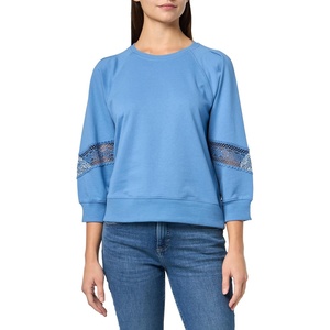 Nautica Women’s Lace Sleeve Patch Shoulder Pleats Crewneck Soft Lace Placement Sweatshirt(Blue Haze)