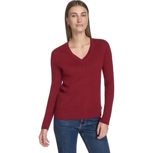 Nautica Women’s Long Sleeve Cable V-Neck Sweater(Deep Rouge)