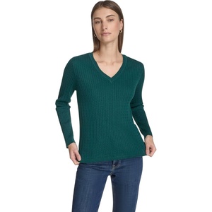 Nautica Women’s Long Sleeve Cable V-Neck Sweater(Forest)