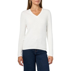 Nautica Women’s Long Sleeve Cable V-Neck Sweater(Ivory)