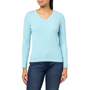Nautica Women’s Long Sleeve Cable V-Neck Sweater(Porcelain Blue)