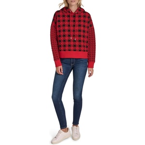 Nautica Women’s Long Sleeve Plaid Quilted Hoodie(Black/Haute Red)