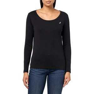 Nautica Women’s Long Sleeve Solid Scoop Neck Cotton T-Shirt(Black)