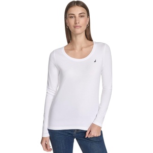 Nautica Women’s Long Sleeve Solid Scoop Neck Cotton T-Shirt(Bright White)