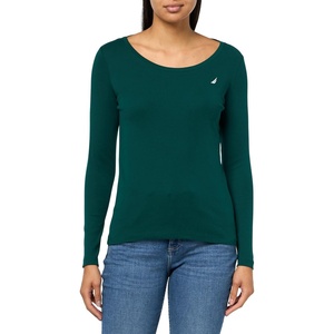 Nautica Women’s Long Sleeve Solid Scoop Neck Cotton T-Shirt(Forest)
