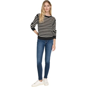 Nautica Women’s Long Sleeve Striped Crewneck Sweater(Black/White Swan)