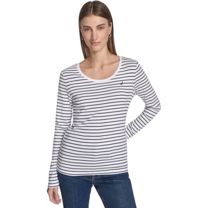 Nautica Women’s Long Sleeve Striped Scoop Neck T-Shirt(Bright White/Night Sky)
