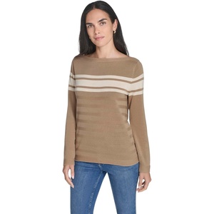 Nautica Women’s Mariner Stripe Pullover Boatneck Long Sleeve(Camel Multi)
