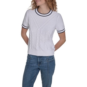 Nautica Women’s Short Sleeve Cable Pullover Sweater with Tipping(Bright White Multi)