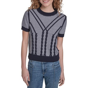Nautica Women’s Short Sleeve Cable Pullover Sweater with Tipping(Night Sky/ Ivory)
