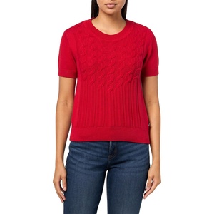 Nautica Women’s Short Sleeve Crew Neck Cable Solid Sweater(Haute Red)