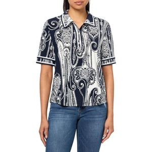 Nautica Women’s Short Sleeve Knit Paisley Print Collared Polo(Night Sky/Ivory)