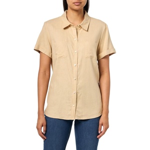 Nautica Women’s Short Sleeve Linen Blend Button Up Collared Camp Shirt(Irish Cream)
