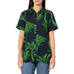 Nautica Women’s Short Sleeve Linen Blend Button Up Collared Camp Shirt(Night Sky Multi)