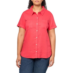 Nautica Women’s Short Sleeve Linen Blend Button Up Collared Camp Shirt(Paradise Pink)