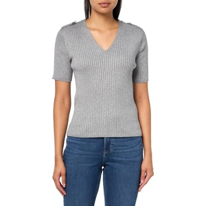 Nautica Women’s Short Sleeve Lurex V-Neck Pullover(Heather Mist With Silver)