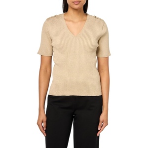 Nautica Women’s Short Sleeve Lurex V-Neck Pullover(Light Heather Fawn With Gold)