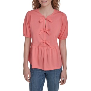 Nautica Women’s Short Sleeve Peplum Solid Bow Detail Top(Bloom)
