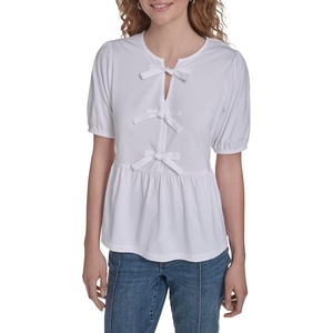 Nautica Women’s Short Sleeve Peplum Solid Bow Detail Top(Bright White)