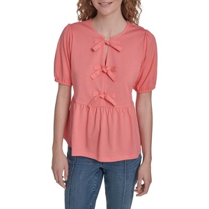 Nautica Women’s Short Sleeve Peplum Solid Bow Detail Top(Peony)