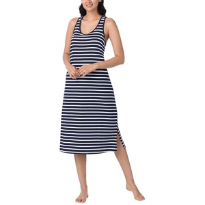 Nautica Womens Sleep Dress 100% Cotton Jersey Knit Racerback Full Length Nightgown with Slit(Navy Blue Stripe)