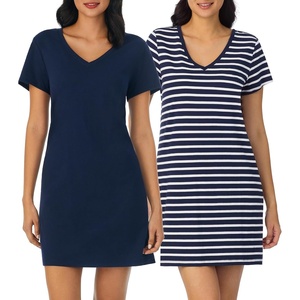 Nautica Womens Sleep Shirt Dress – Cotton Knit Jersey V-Neck Pajama Top – Lightweight & Breathable Sleepwear Loungewear(2 Pack Navy/Navy Stripe)