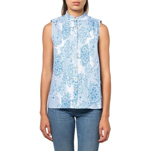 Nautica Women’s Sleeveless Pintuck Ruffle Neck Tile Print Shirt(Ivory Multi)
