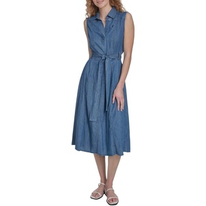 Nautica Women’s Sleeveless Shirtdress Belted Chambray Dress(Medium Azure)